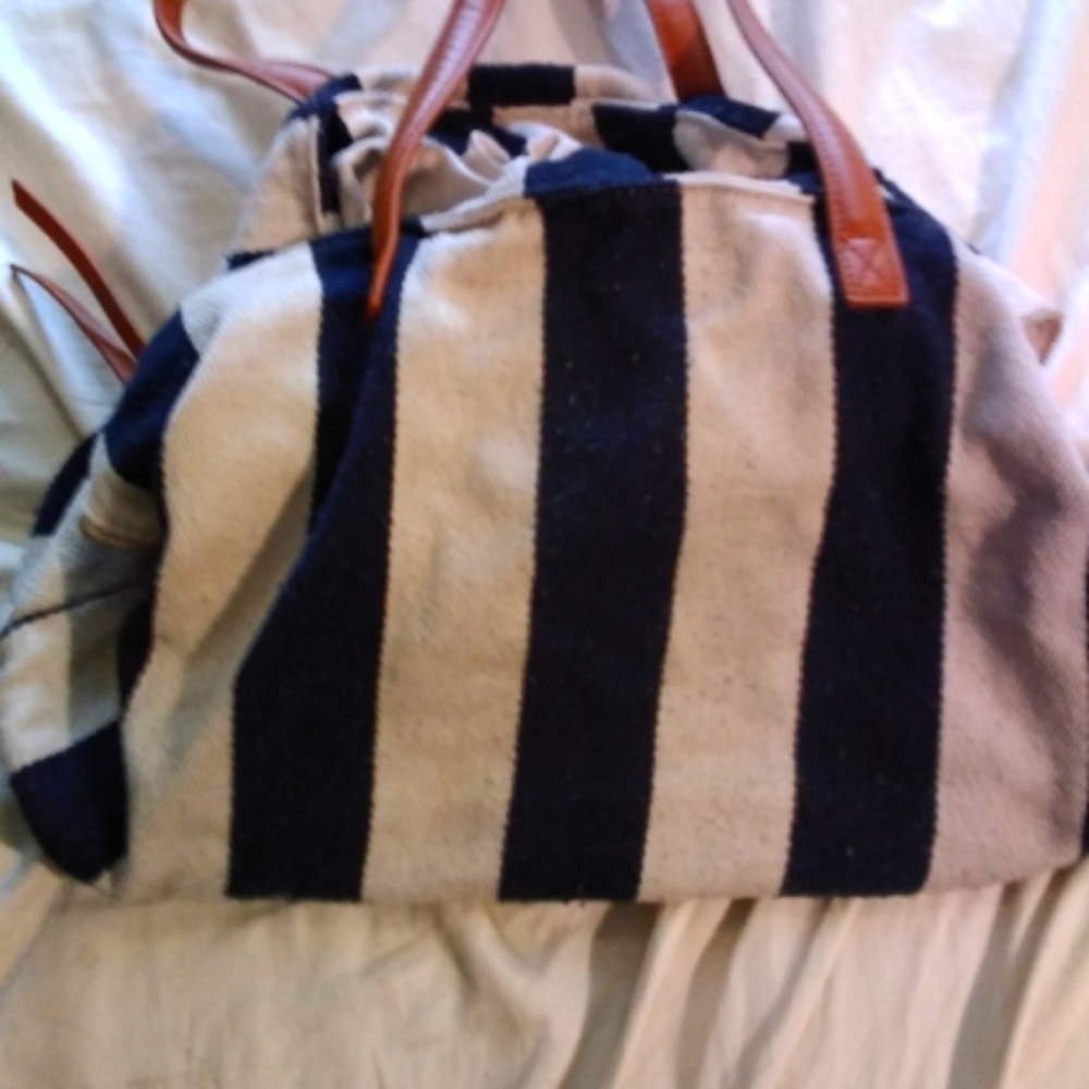 MMS navy and white striped large canvas bag with leather straps